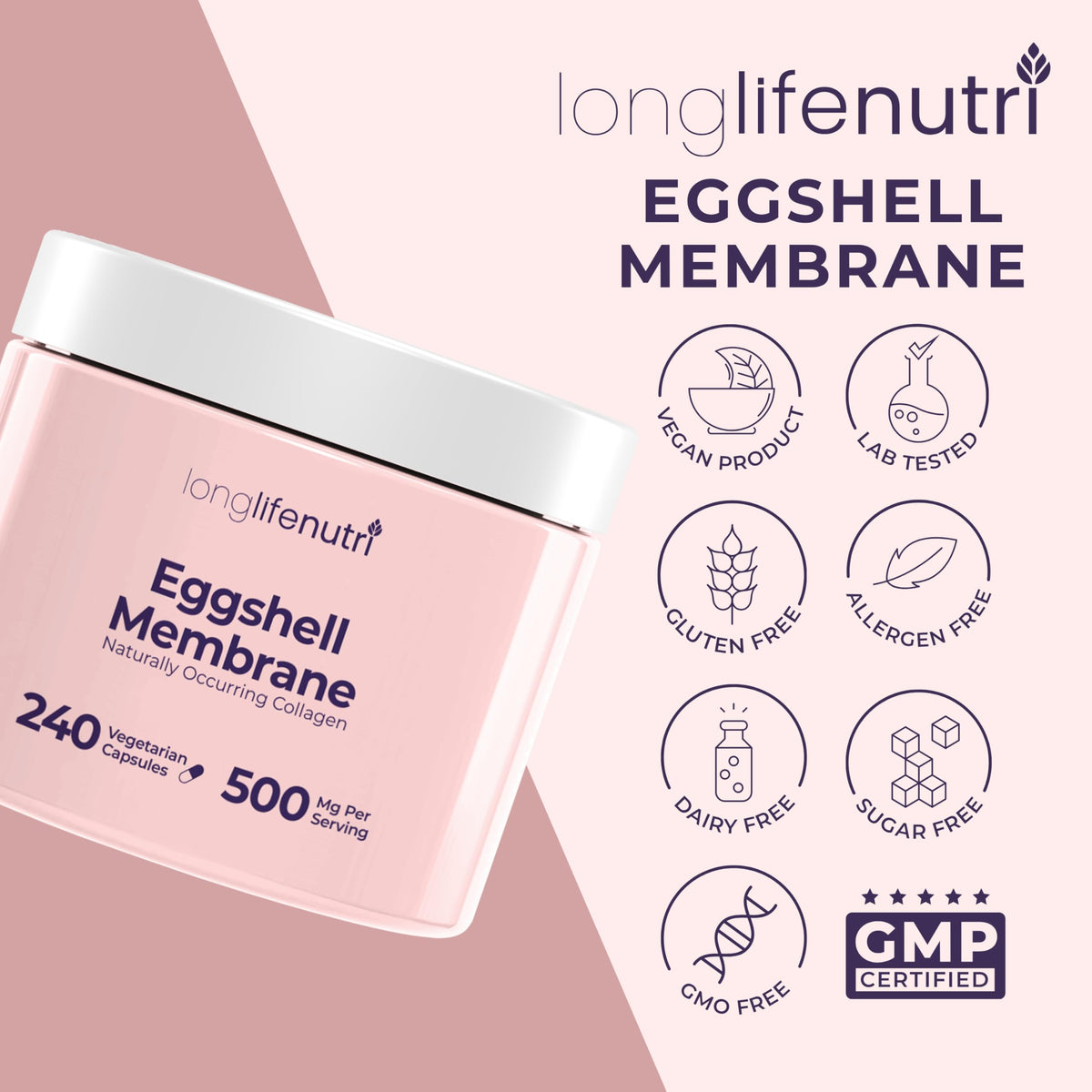 LongLifeNutri Membrane d'Oeuf 500mg capsules sur une table