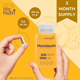 LongLifeNutri Monolaurin avec étiquette montrant les ingrédients