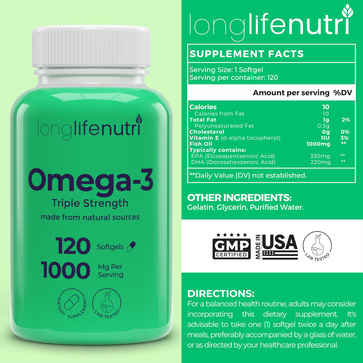 LongLifeNutri Omega 3 huile de poisson 1000mg gélules