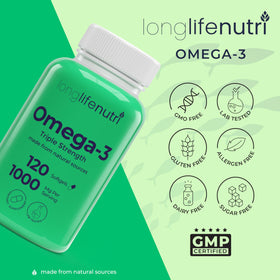 LongLifeNutri Omega 3 huile de poisson 1000mg gélules sur un comptoir