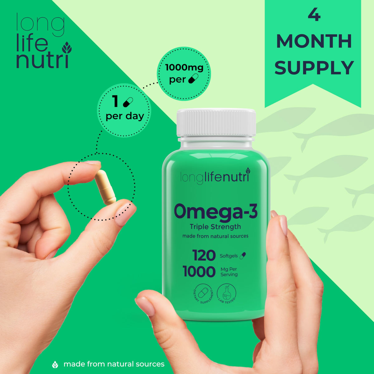 LongLifeNutri Omega 3 huile de poisson 1000mg sur une table