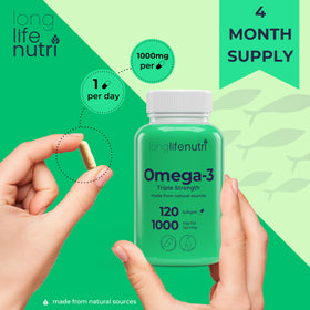 LongLifeNutri Omega 3 huile de poisson 1000mg sur une table