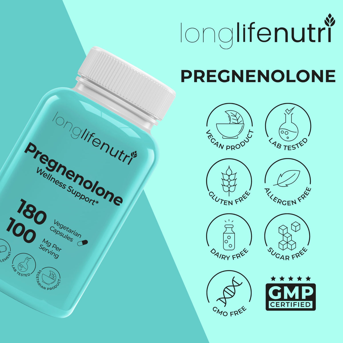 LongLifeNutri Pregnenolone 100mg capsules avec des ingrédients naturels