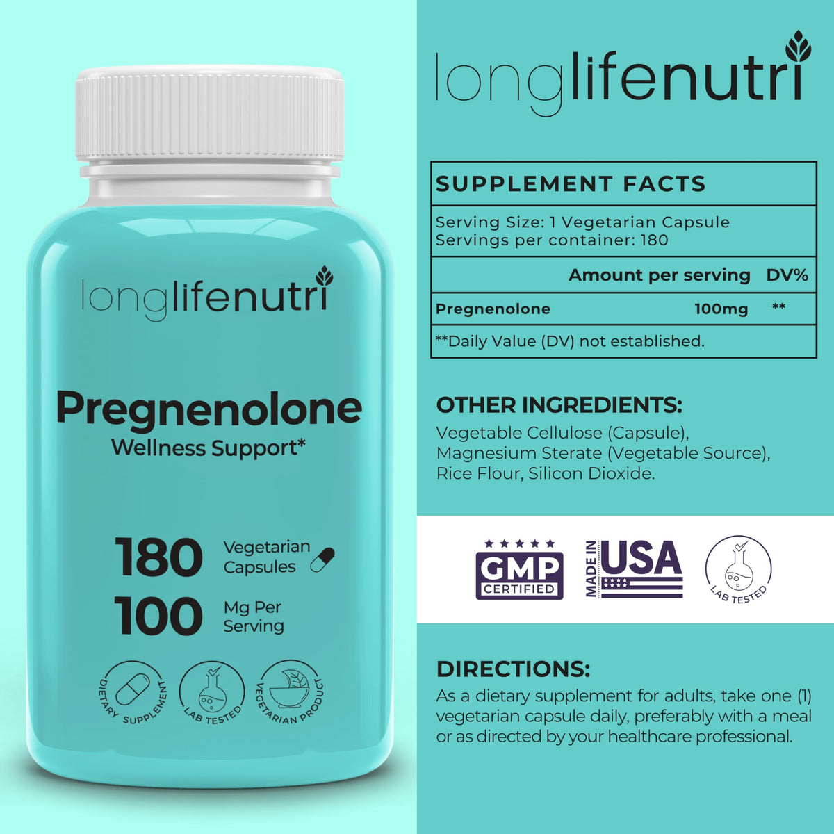 LongLifeNutri Pregnenolone 100mg pot de 180 capsules
