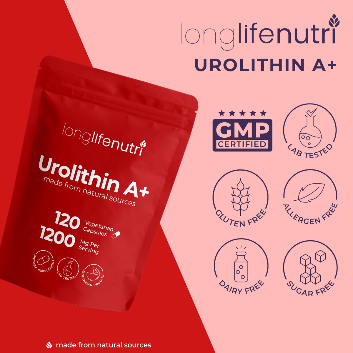 LongLifeNutri Urolithin A 1200 mg sachet ouvert montrant les capsules