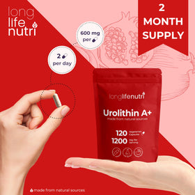 LongLifeNutri Urolithin A capsules végétariennes sur une table