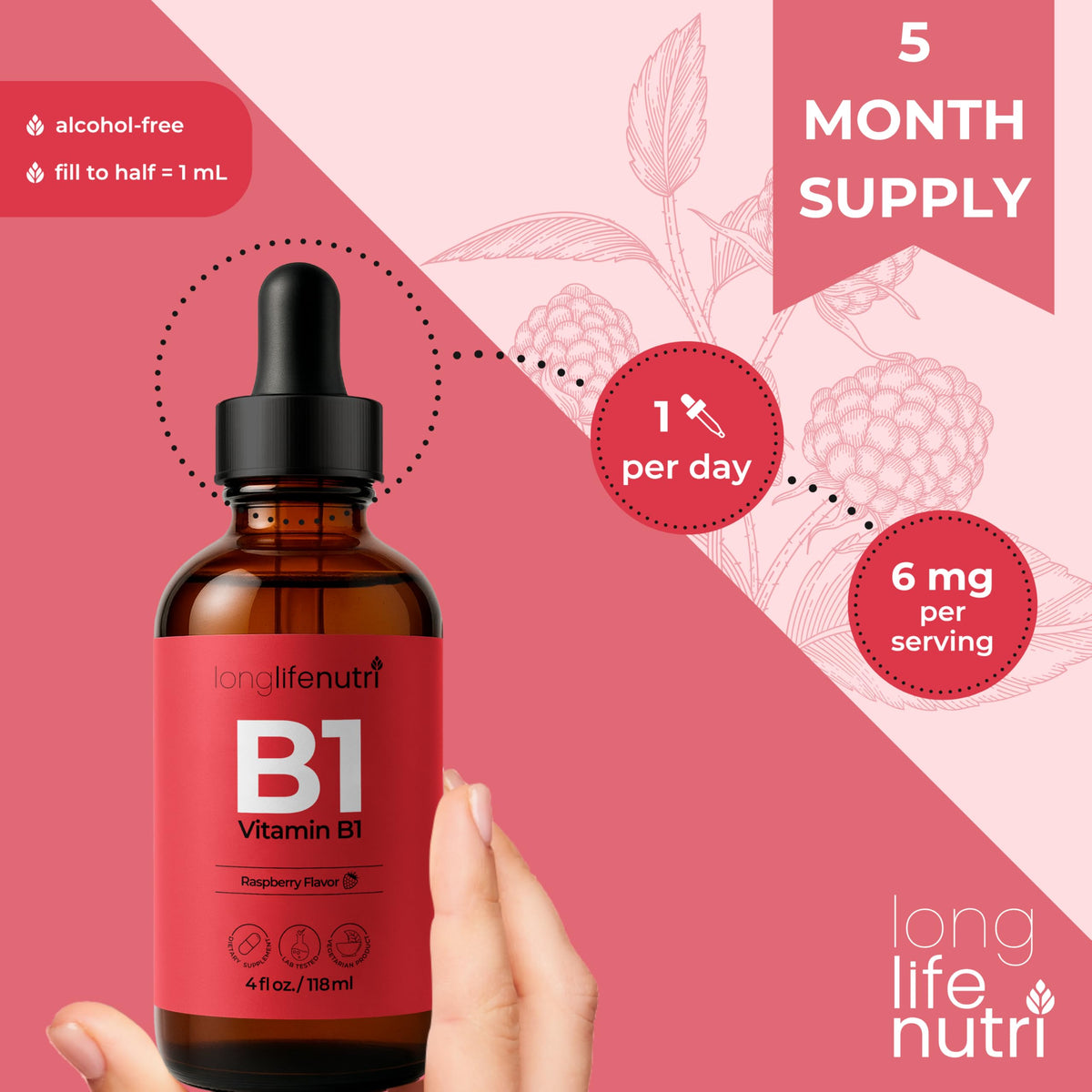 LongLifeNutri Vitamine B1 Gouttes Liquides et verre d'eau