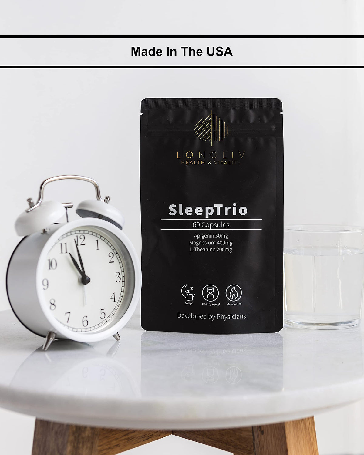 LongLiv Sleep Trio capsules on a table
