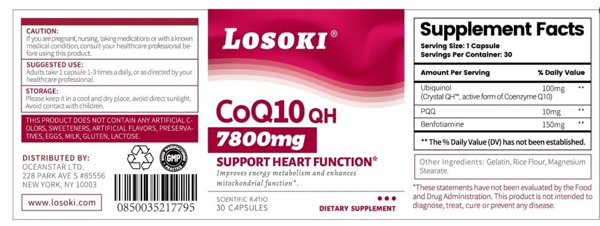 Losoki CoQ10 QH 30 capsules sur une surface de cuisine