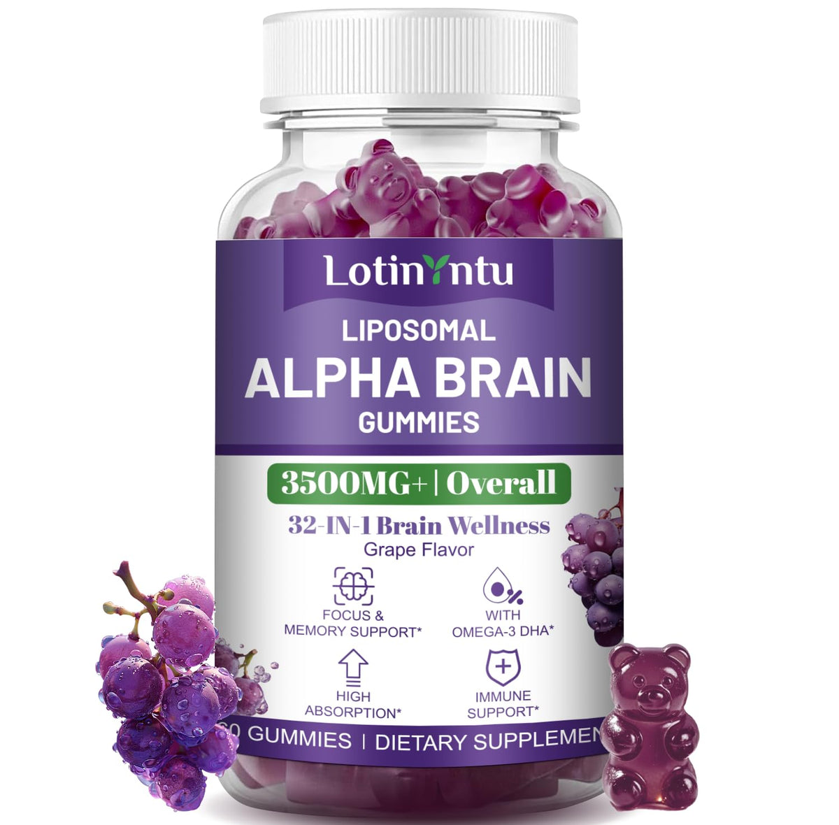 LotinYntu Gummies Alpha Brain 3500MG pot de 60 gummies