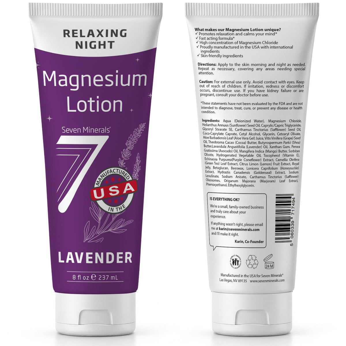 Lotion au magnésium Seven Minerals tube 8 oz avec fleurs de lavande