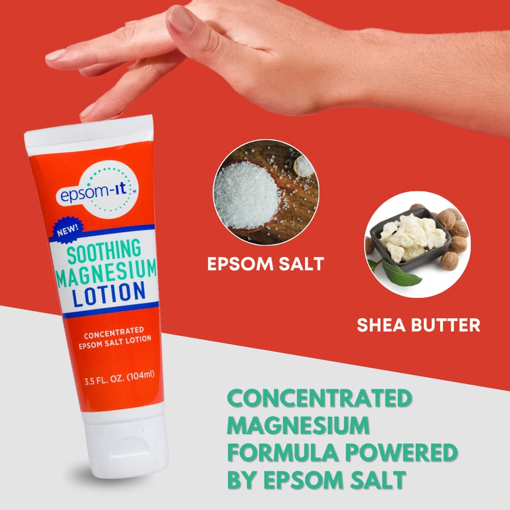 Lotion magnésium EPSOM-IT sur une table avec des accessoires de soin