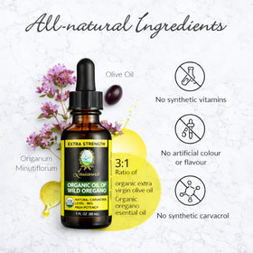 Louianna huile d'origan bio 30 ml, gouttes sur une cuillère
