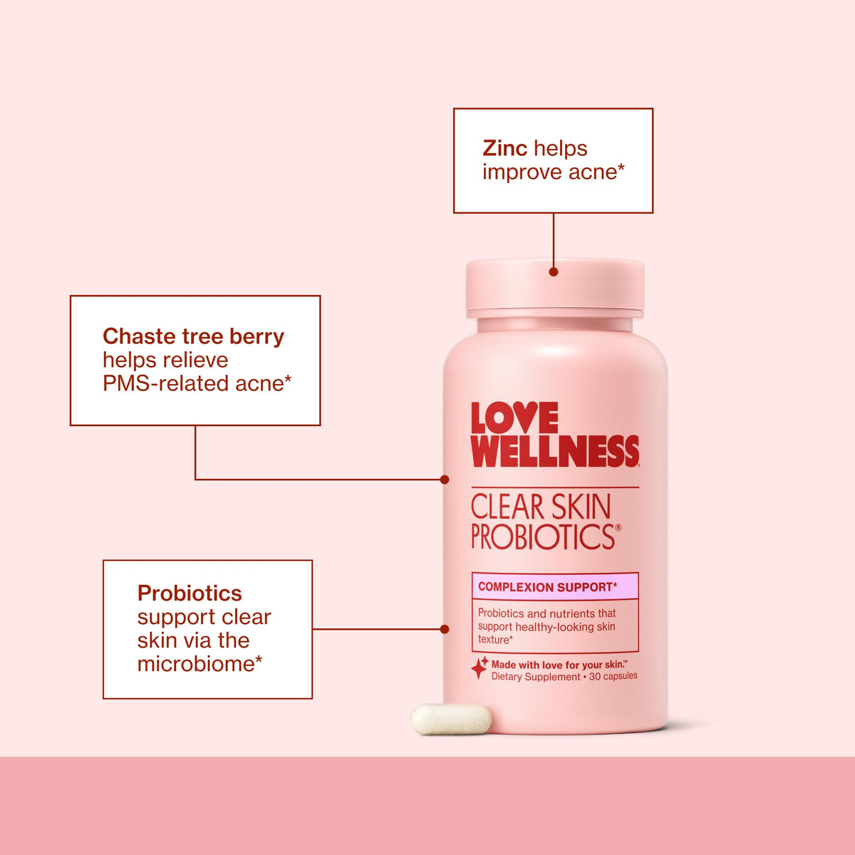 Love Wellness Complément Alimentaire Peau Claire ouvert avec capsules visibles