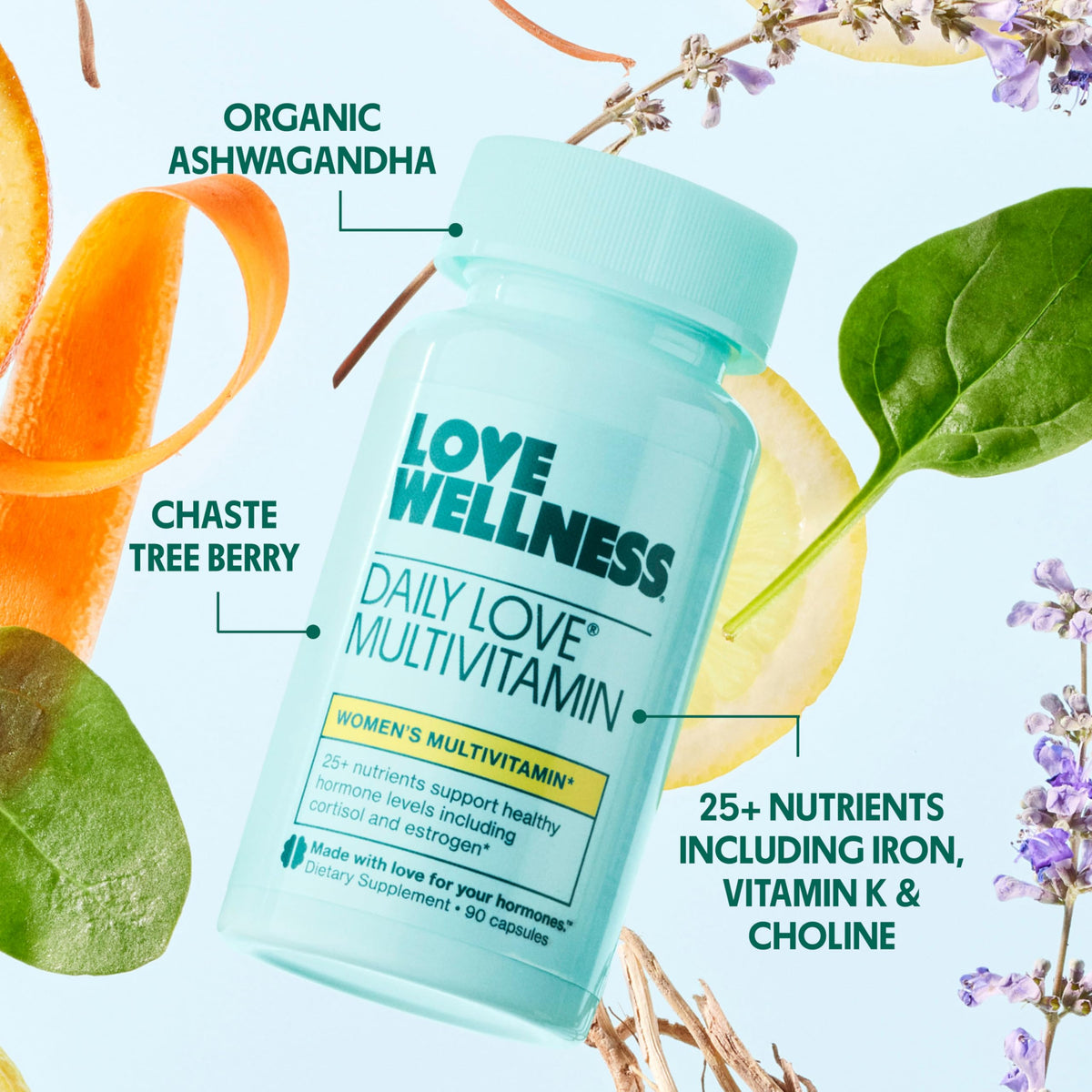 Love Wellness Daily Love Multivitamin capsules with a measuring spoon