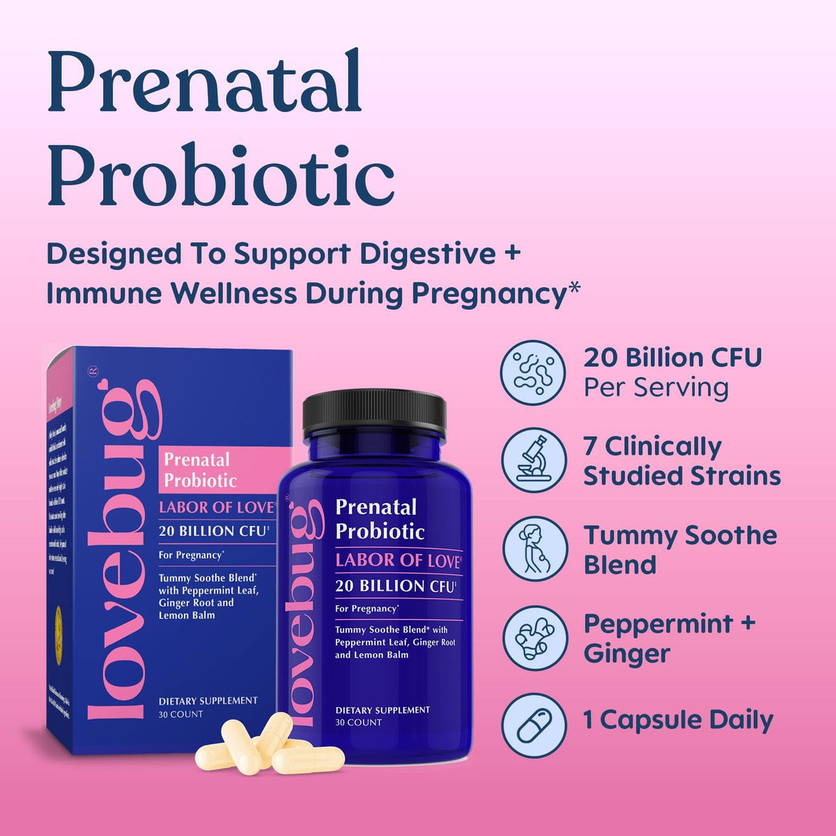 LOVEBUG Complément Alimentaire Probiotique Prénatal 30 Capsules avec étiquettes visibles