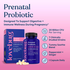 LOVEBUG Complément Alimentaire Probiotique Prénatal 30 Capsules avec étiquettes visibles