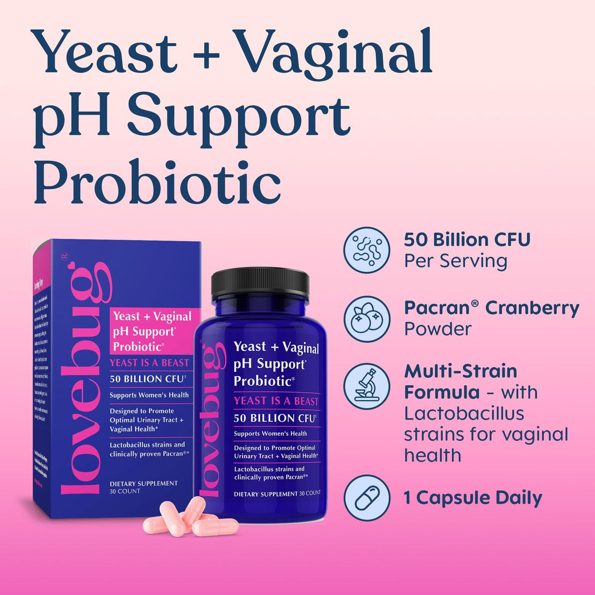 LOVEBUG Probiotiques pour Femmes, capsules ouvertes sur une surface