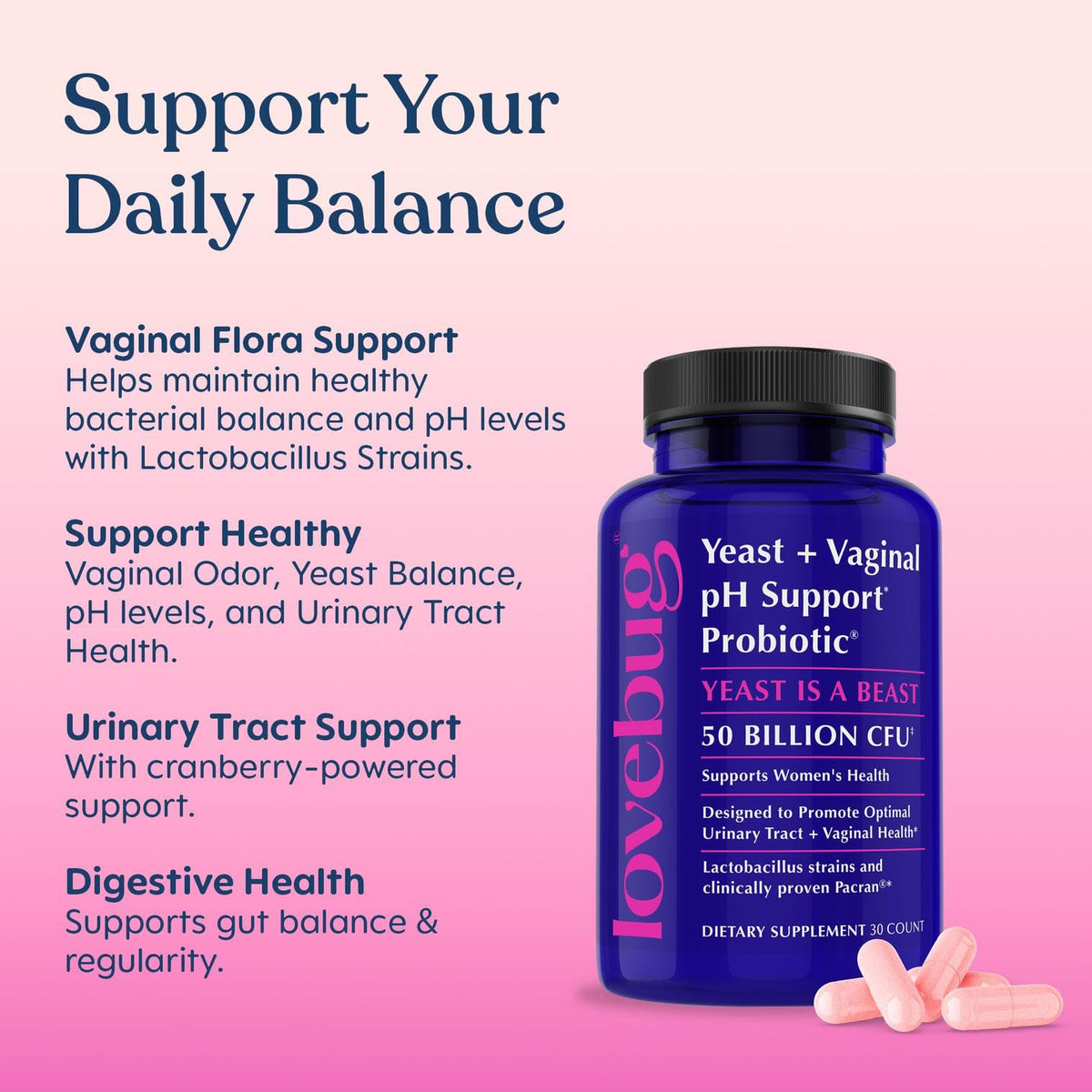LOVEBUG Probiotiques pour Femmes, emballage et capsules