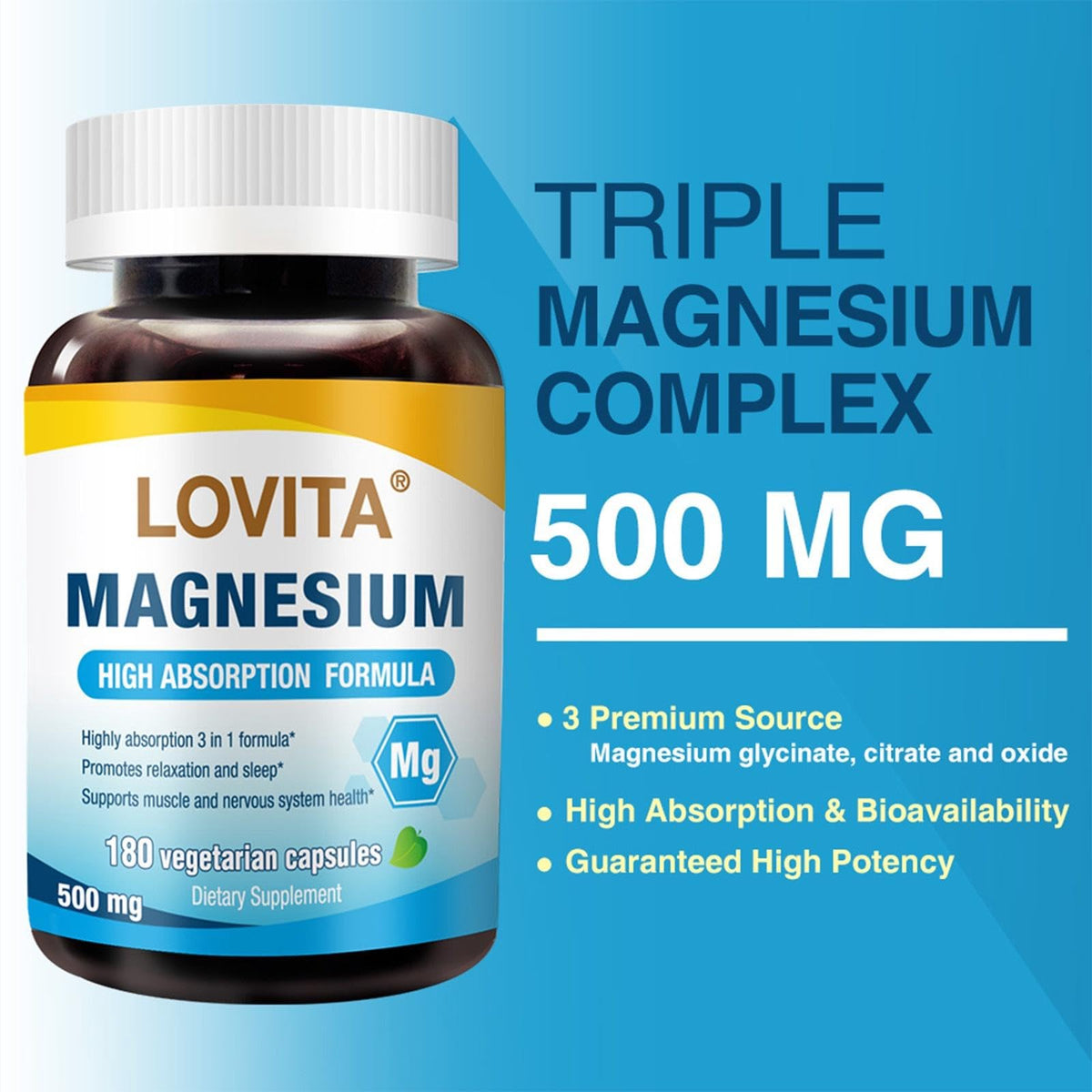 LOVITA Complexe de Magnésium Triple 500 mg, vue latérale des capsules
