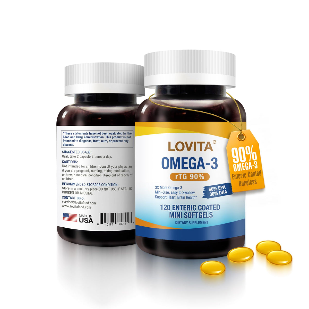 LOVITA Huile de Poisson Omega-3 2000 mg 120 mini gélules vue de face