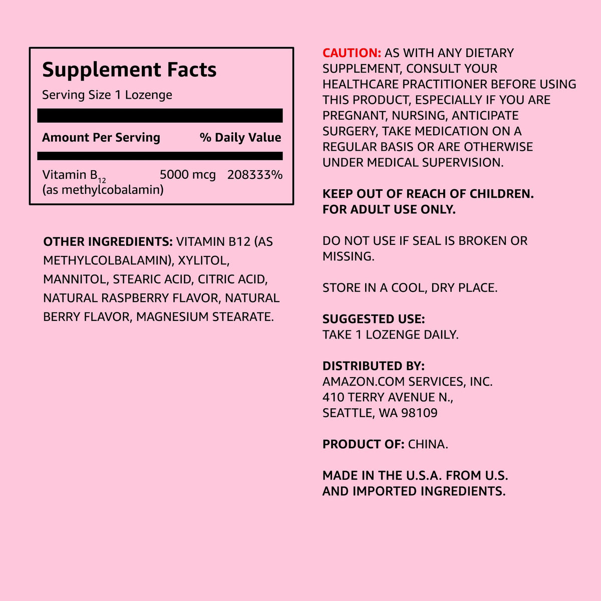 Lozenges de vitamine B12 Methylcobalamine 5000 mcg, présentation individuelle