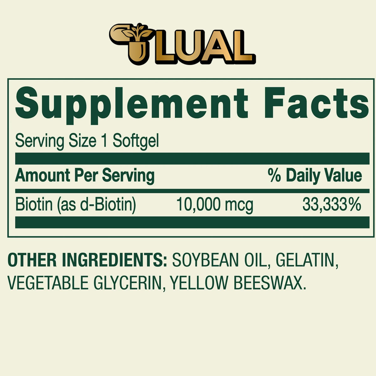LUAL Biotine 10 000 mcg comprimés sur une surface blanche