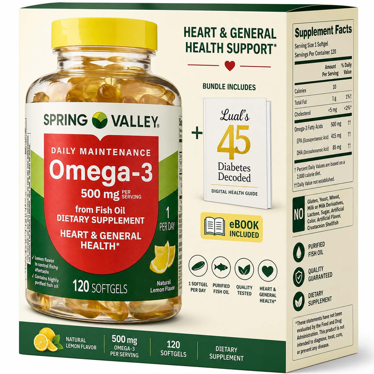 LUAL Omega-3 Huile de Poisson 500 mg 120 gélules, vue de face