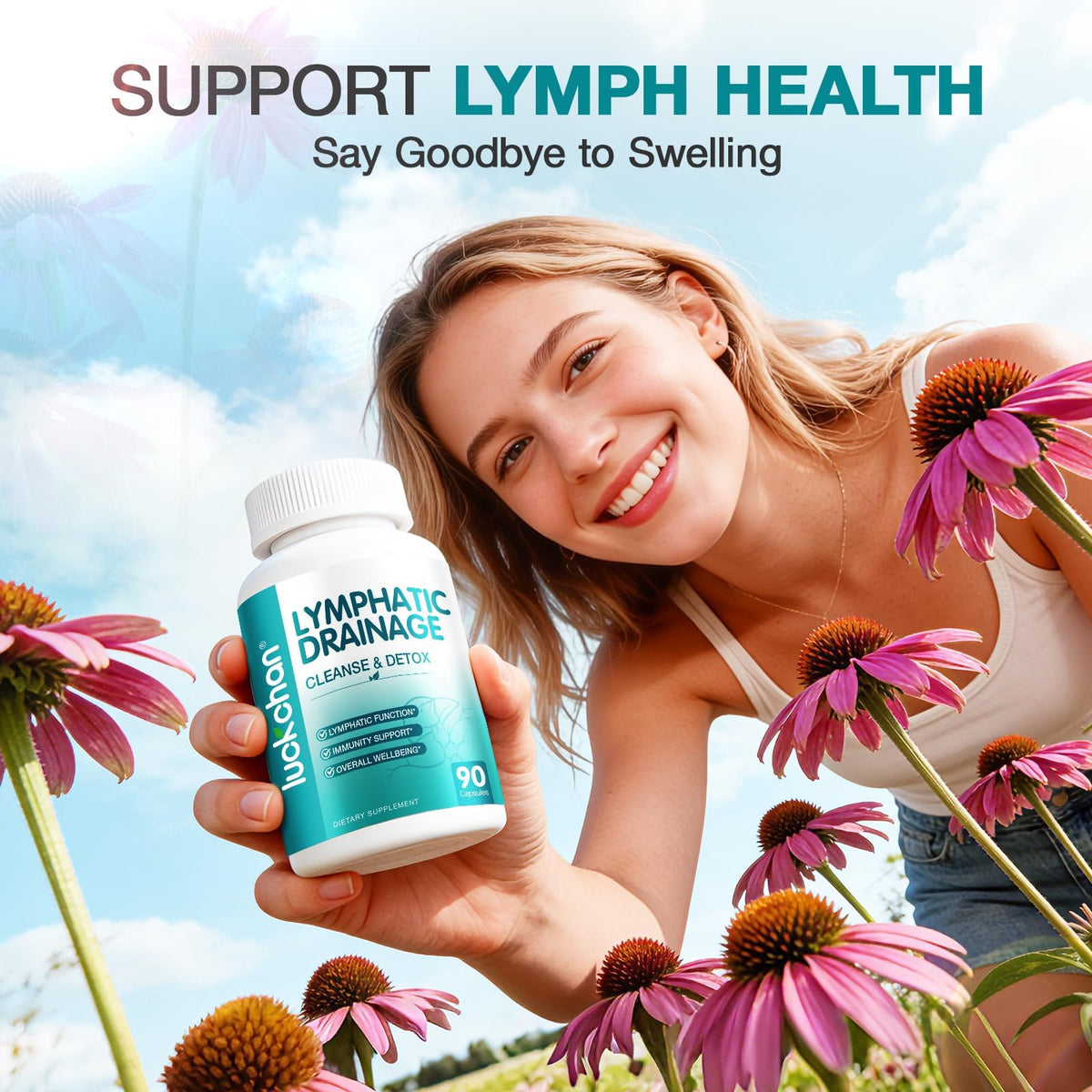 LUCKCHAN Compléments Alimentaires Drainage Lymphatique - vue du flacon avec capsules