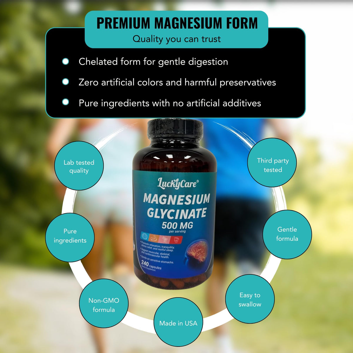 Luckycare Magnésium Glycinate 500mg sur une table