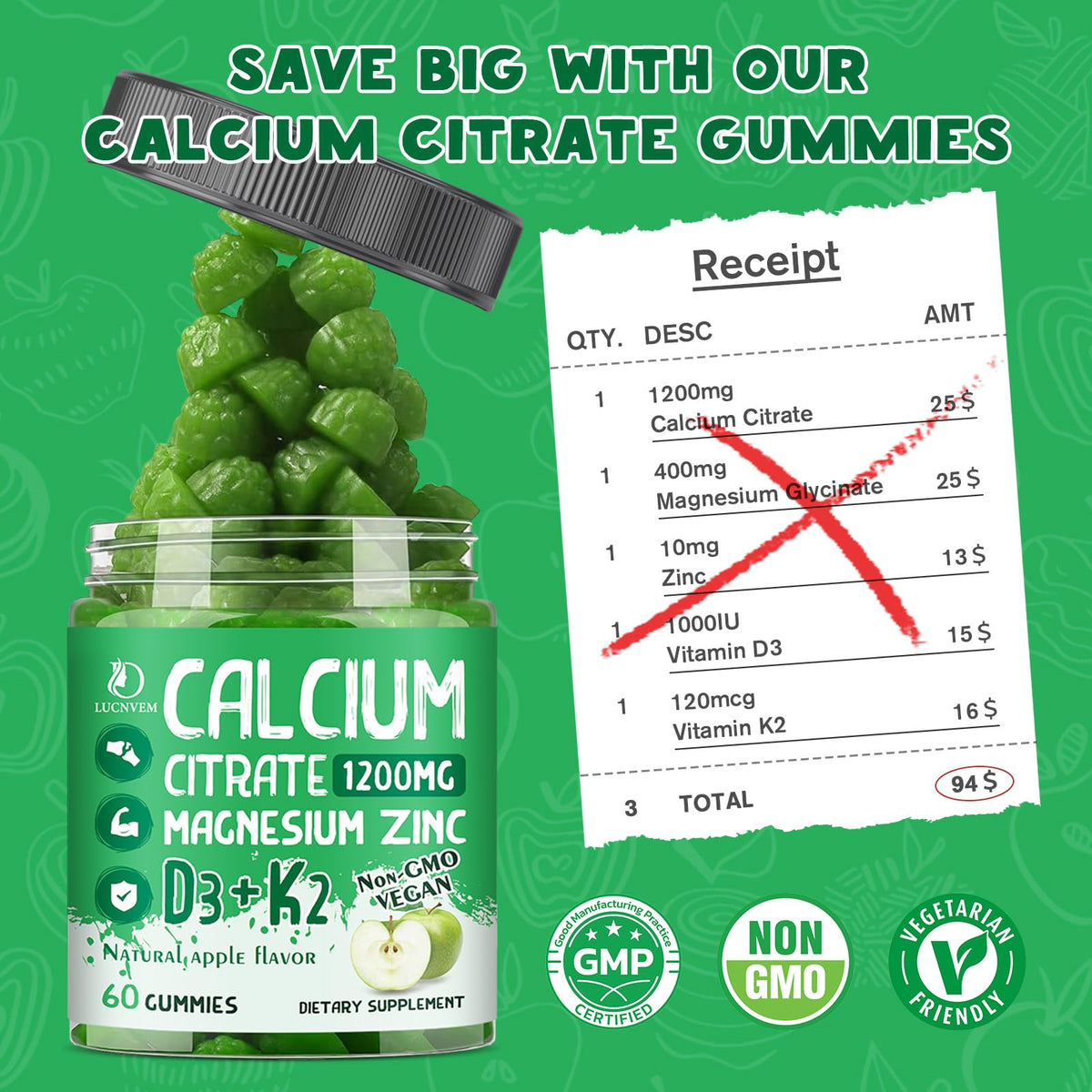 LUCNVEM Calcium Citrate 1200 mg avec vitamines D3 et K2, vue arrière
