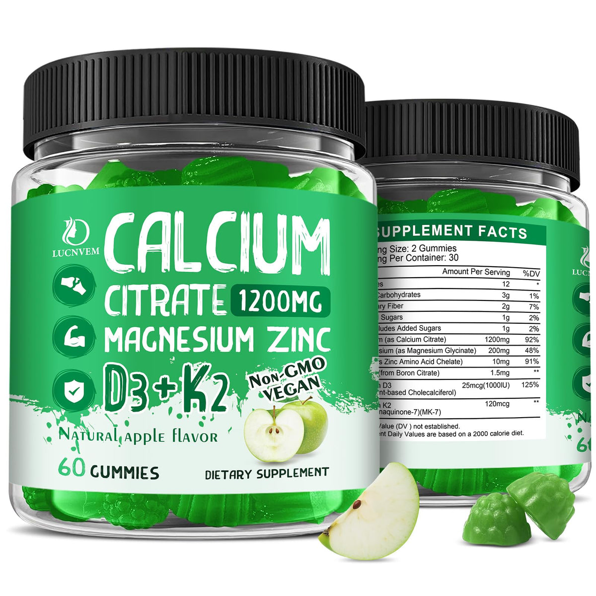 LUCNVEM Calcium Citrate 1200 mg gommes à la pomme, vue avant