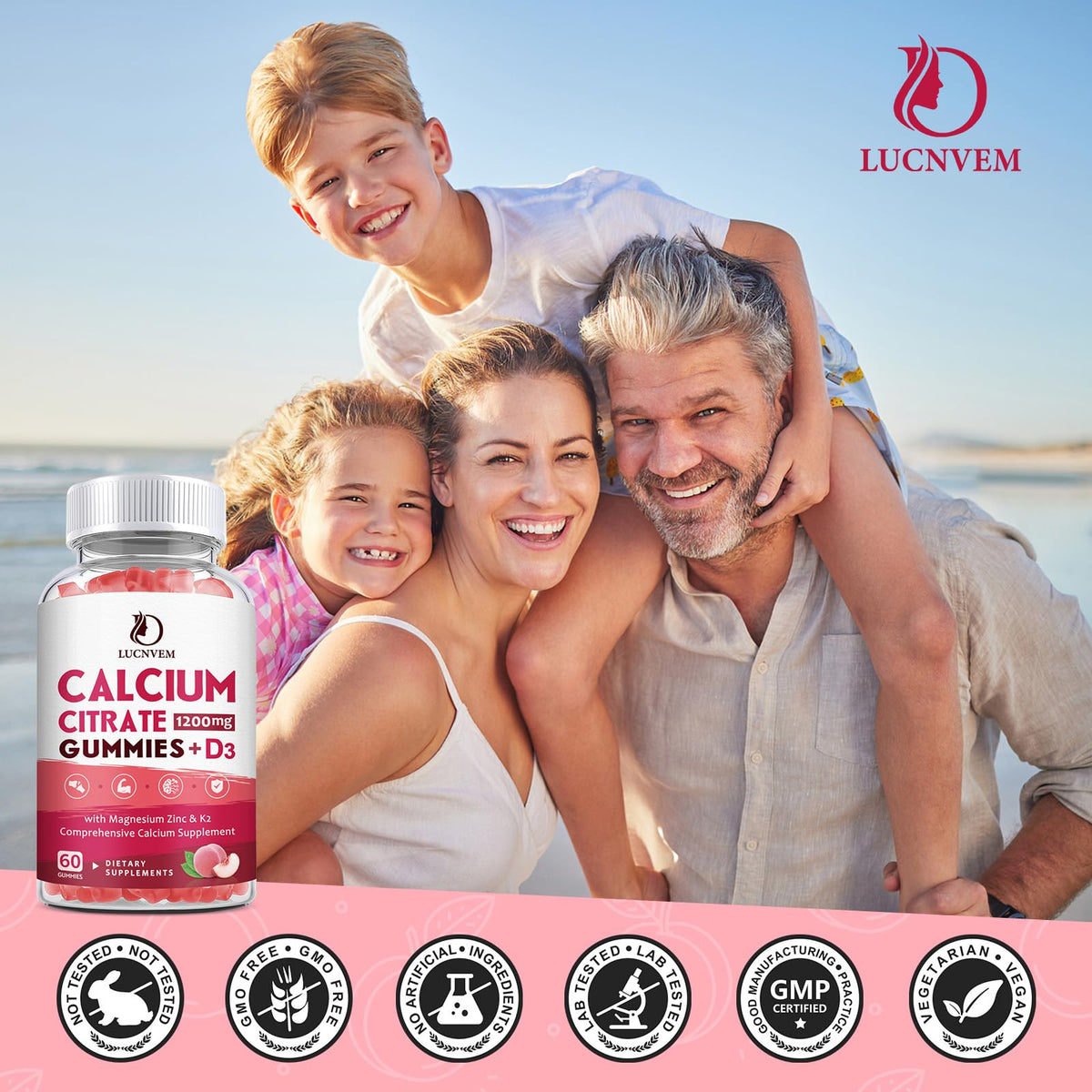 LUCNVEM gummies calcium citrate 1200mg avec vitamine D3 dans un bol