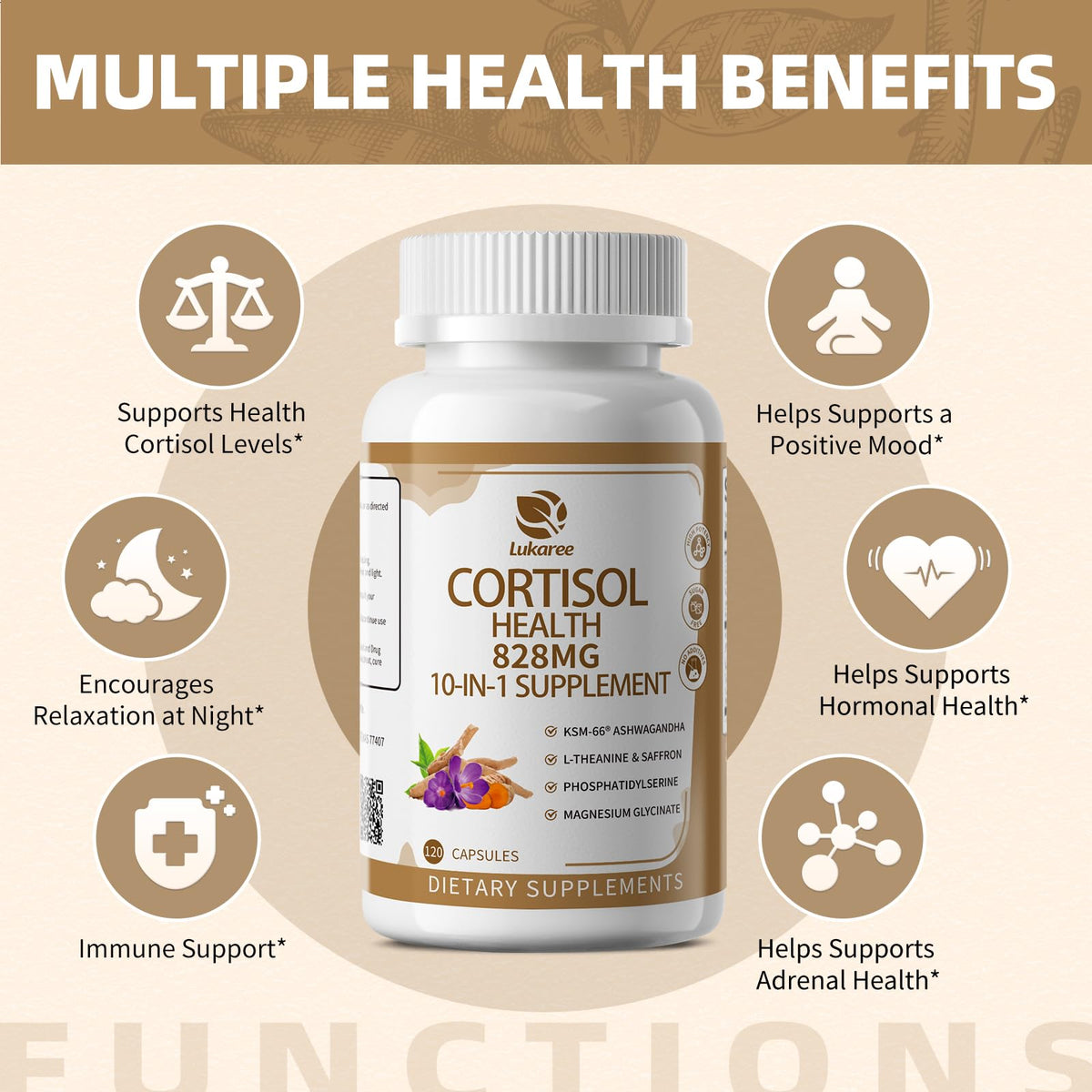Lukaree Compléments Alimentaires Cortisol 300mg KSM-66 Ashwagandha à l'intérieur
