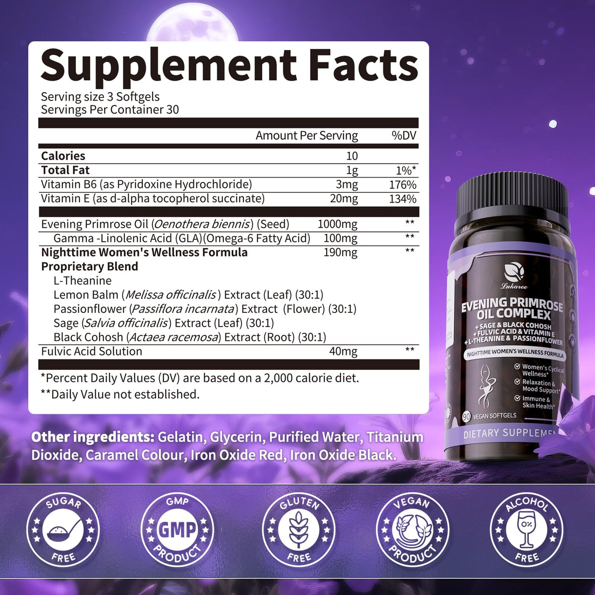Lukaree huile de onagre 1000mg flacon sur fond blanc