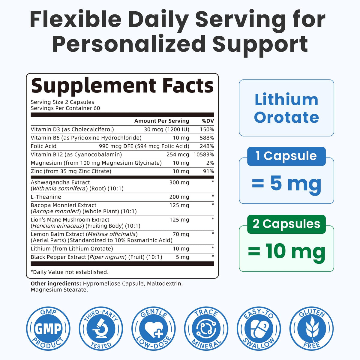 Lukaree Lithium Orotate 5/10mg côté avec détails des ingrédients