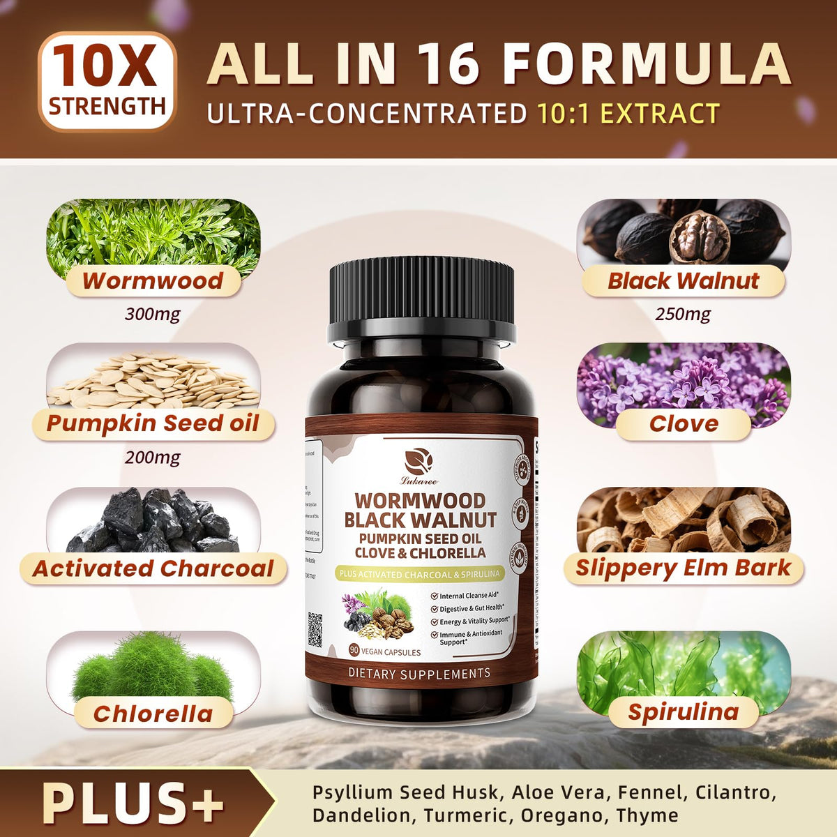 Lukaree Nettoyage de Noix Noires et Absinthe 1200mg capsules sur une surface