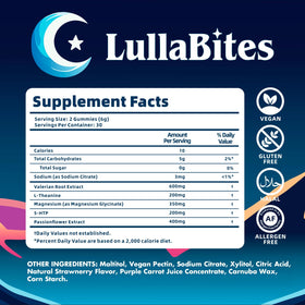 LullaBites gummies de sommeil vue de côté avec ingrédients