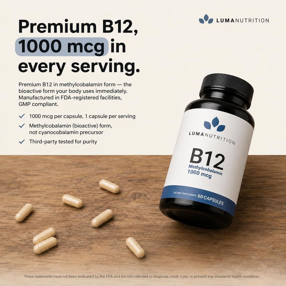 Luma Nutrition B12 1000 mcg capsules sur fond blanc