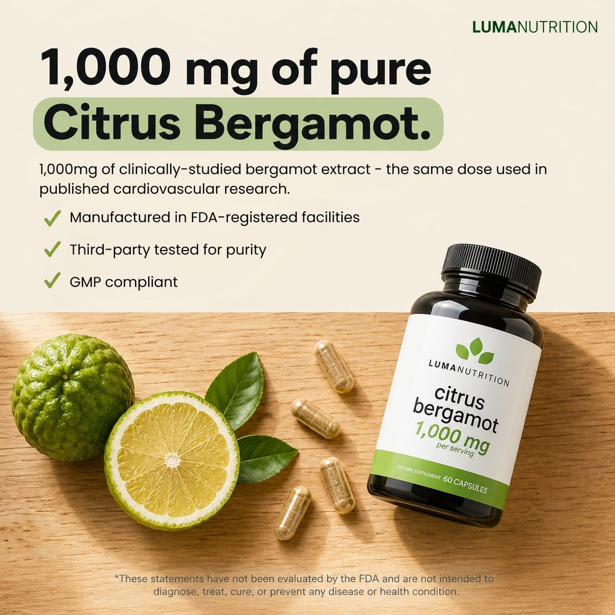Luma Nutrition Citrus Bergamot 1000mg flacon ouvert avec capsules