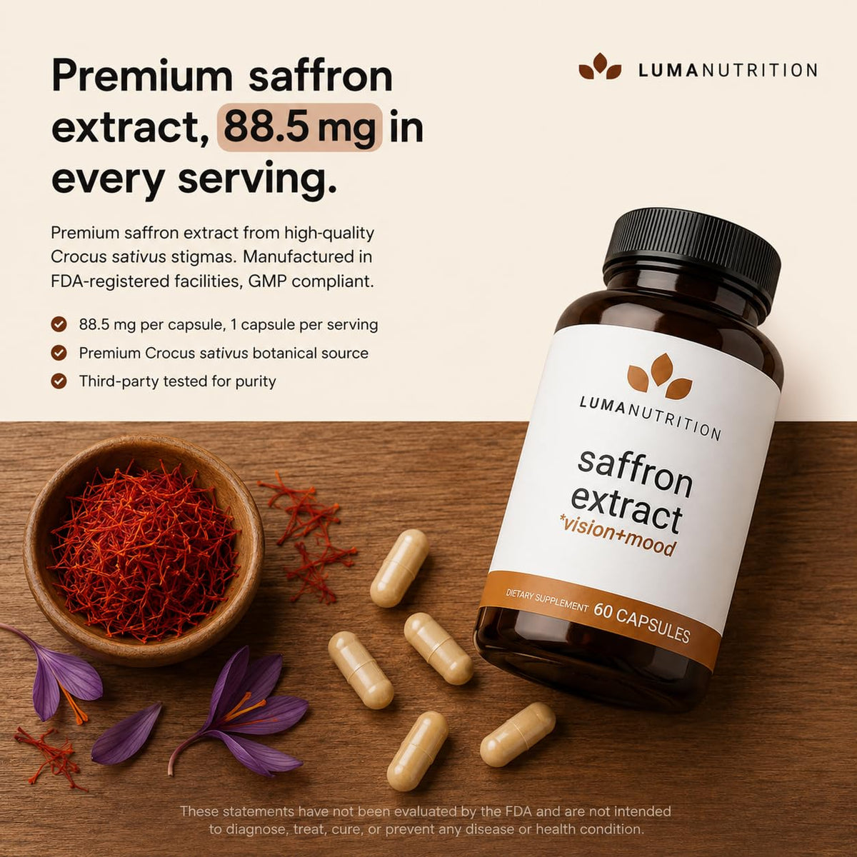 Luma Nutrition Complément Saffran 60 Capsules - gélules à l'intérieur