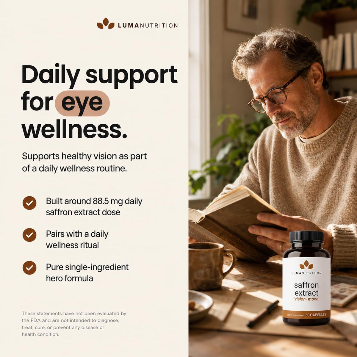 Luma Nutrition Complément Saffran 60 Capsules - gélules sur une surface blanche