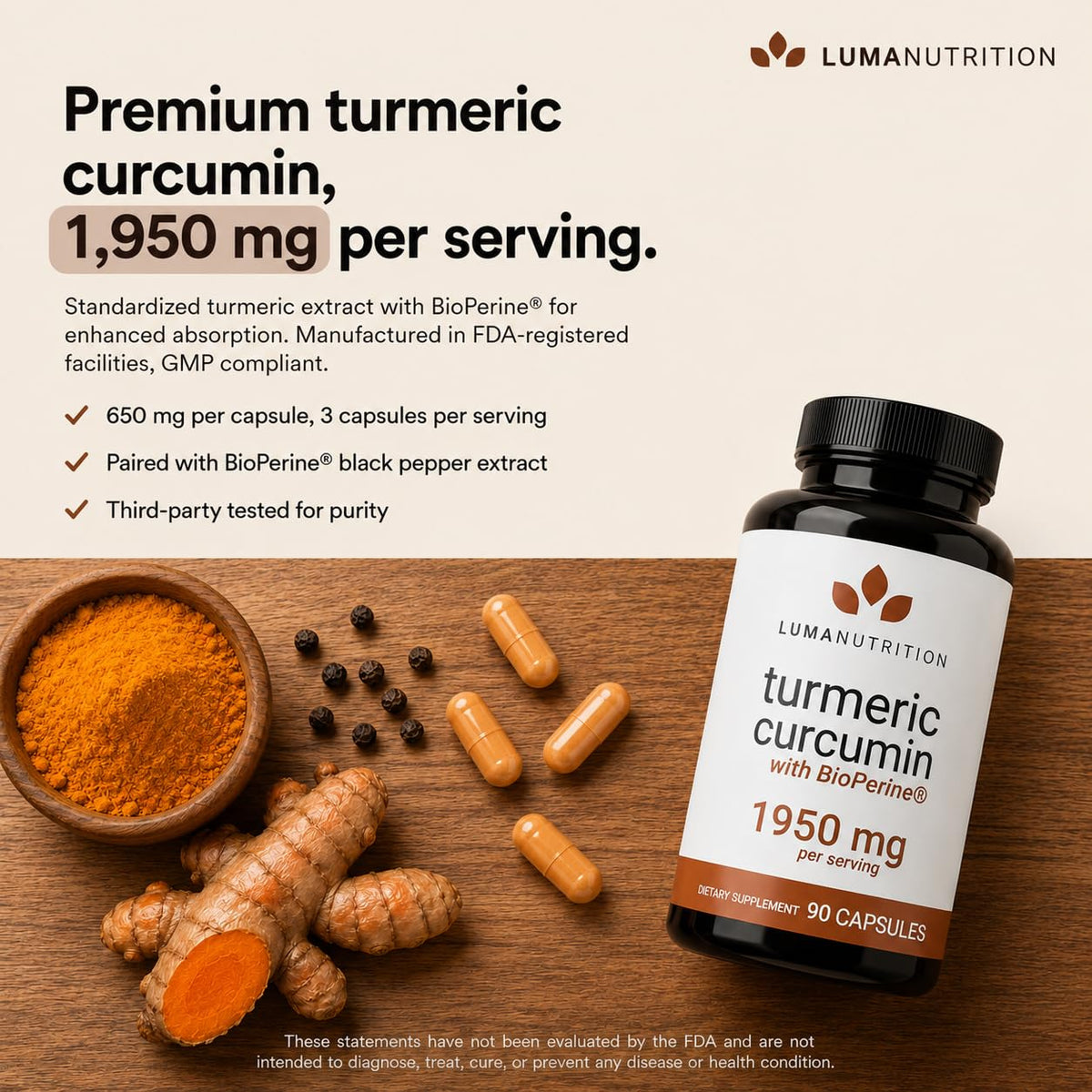 Luma Nutrition Curcuma capsules avec étiquette claire