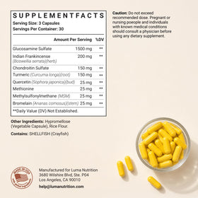 Luma Nutrition Glucosamine Chondroitin MSM 90 capsules avec un verre d'eau