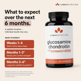 Luma Nutrition Glucosamine Chondroitin MSM 90 capsules sur une table en bois