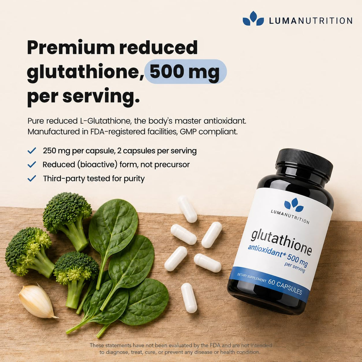 Luma Nutrition Glutathion 500mg capsules avec verre d'eau
