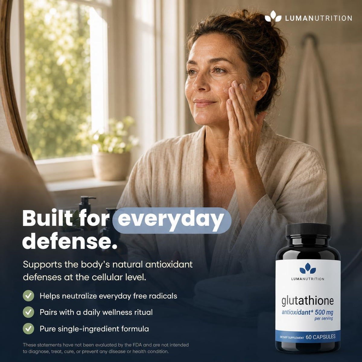 Luma Nutrition Glutathion 500mg capsules sur une table en bois