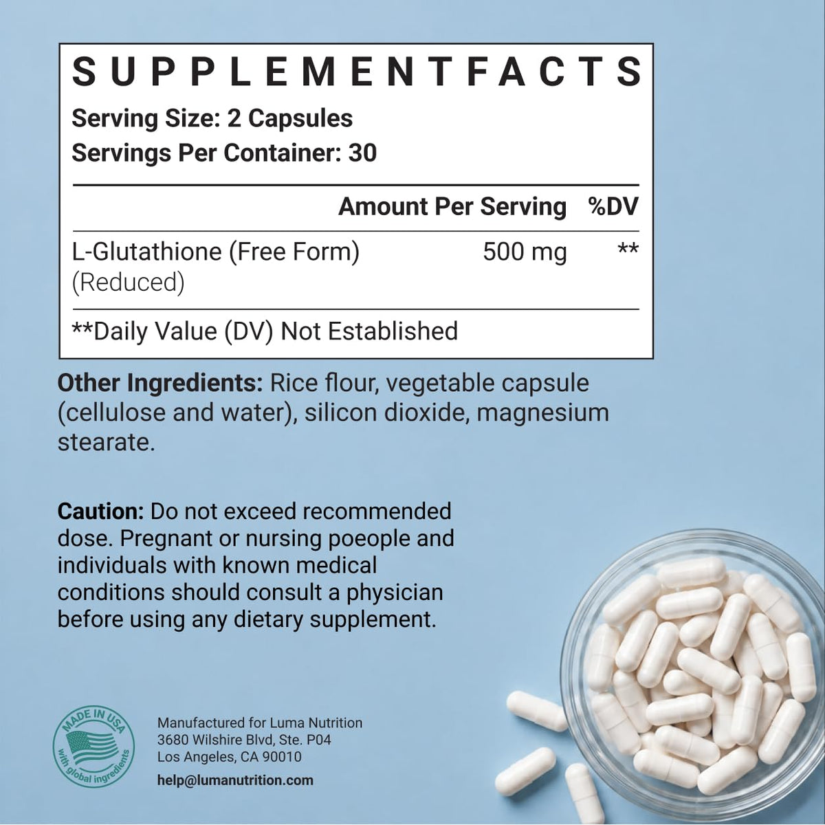 Luma Nutrition Glutathion 500mg flacon avec étiquette visible