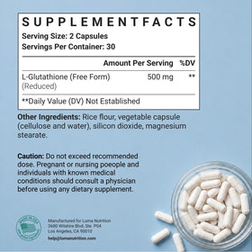 Luma Nutrition Glutathion 500mg flacon avec étiquette visible