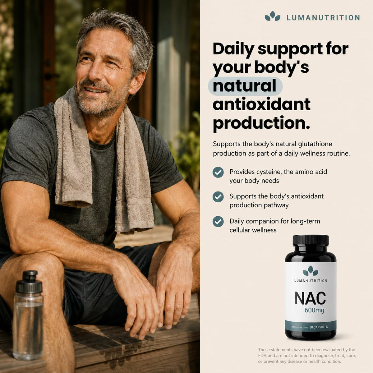 Luma Nutrition NAC N-Acétylcystéine 600 mg, capsules sur fond blanc